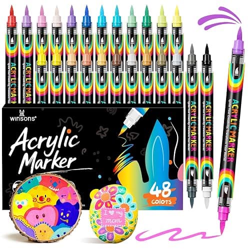 48 Colors Acrylic Paint Markers, Direct Ink Flow Dual-Tip Acrylic Markers Set, Soft Brush Tip Paint Pens with Opaque Coverage for Rock Painting, Canvas, Glass, Wood, Ceramic & DIY Craft, Set of 24 - Image 1