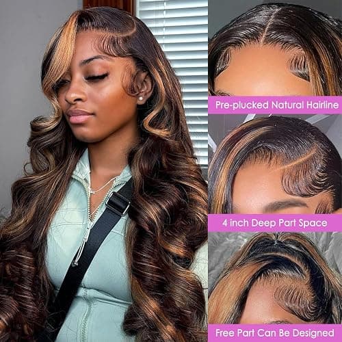 Vemalin Highlight Ombre Lace Front Wig Human Hair Body Wave Lace Front Wigs Human Hair Pre Plucked 13x4 1B/30 Brown Highlight Wig 200 Density Colored 26 Inch Balayage Wigs for Women thumbnail 2