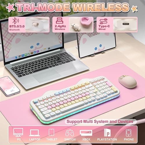 YUNZII C98 Drahtlose Mechanische Tastatur mit Nummernblock,BT5.0/2,4G/USB-C,Hot-Swap Gasket Mount,PBT MOA-Tastenkappen,RGB, Niedliche Kuchen Tastatur für Windows/Mac (Beige, Milk V2 Linear Switch) thumbnail 3