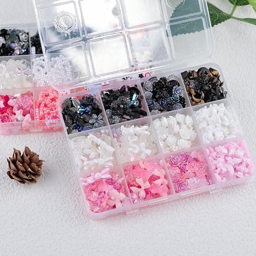 Kikonoke 2050 Pieces 3D Butterfly Rose Flower Bow Rabbit Bear Nail Charms Kit with Nail Art Rhinestones Pearls Crystal Gems Nail Slices for Manicure DIY Crafts Jewelry Accessories (Pink Black White) thumbnail 6