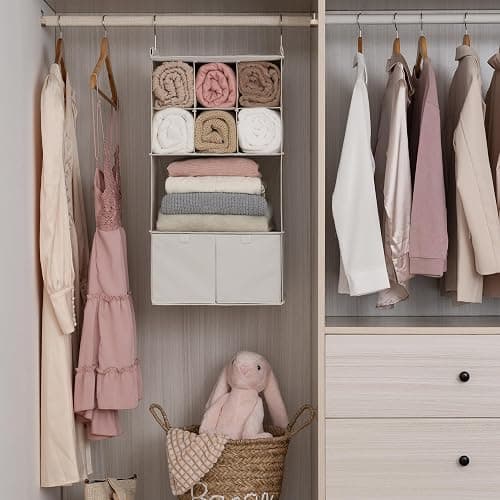 GRANNY SAYS Hanging Closet Organizer with Drawers, 4 Shelf Dividers Closet Hanging Organizer, Foldable Hanging Shelves for Clothes Organizer, Small Closet Organizers and Storage, Beige thumbnail 2