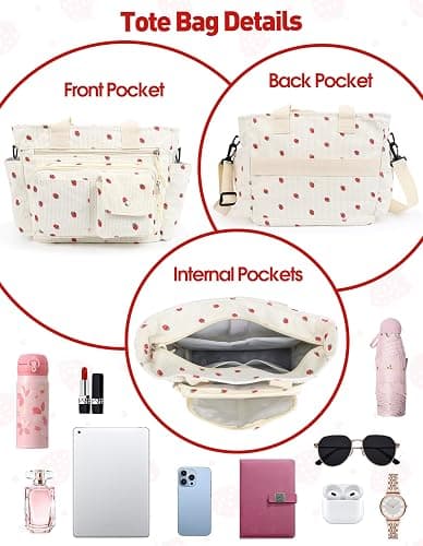 PainZieteg Strawberry Tote Bag Bow Bag With Multi Pocket Women Girls Crossbody Corduroy Handbags Purse Work Travel thumbnail 6