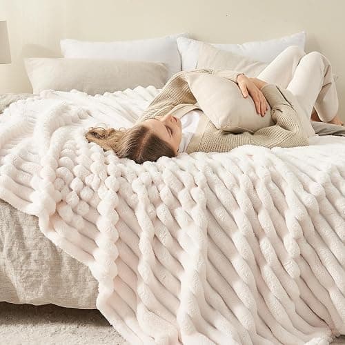 Super Soft Queen Blanket Ivory Premium Silky Flannel Fleece 3D Ribbed Jacquard Lightweight Bed Blanket All Season Use (Ivory Ribbed, Queen(90"x90")) thumbnail 4