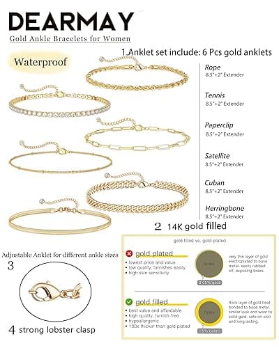 DEARMAY 14K Gold Plated Ankle Bracelets for Women Waterproof - Dainty 6Pcs Anklets Layered Cuban Link Chain Herringbone Cute Anklets Set Pack Summer Beach Jewelry Gift for Women Teen thumbnail 5