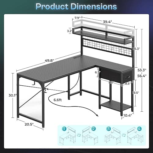 PRAISUN L Shaped Gaming Desk with Shelves, Corner Computer Table with LED Lights, Power Outlets and USB-C Ports, 50 Inch Home Office Desk with Storage Drawer, for Work and Study, Carbon Fiber Black thumbnail 2