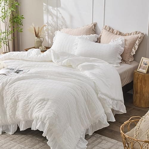 JOLLYVOGUE White Comforter Full Size, 3 Pieces Seersucker Lightweight Full Size Bedding, All Season Fluffy Microfiber Bedding Comforter Set with 1 Ruffle Comforter and 2 Ruffle Pillowshams thumbnail 6