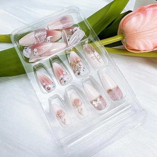 24Pcs Flower Press on Nails Medium Almond Fake Nails with Bow Rhinestones Designs Pink Acrylic Nails Glitter Glue on Nails Cute Floral False Nails Rose Flowers Stick on Nails for Women Nail Supplies thumbnail 5