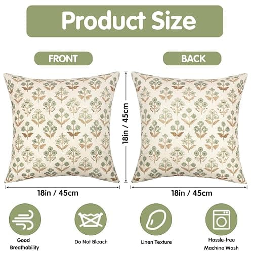 UXORSN 2 Packs Throw Pillow Covers Outdoor Waterproof 18x18 Spring Brown Green Block Print Pillowcase Vintage Floral Cushion Covers Linen Boho Farmhouse Pillow Cases for Garden Bedroom Living Room thumbnail 2
