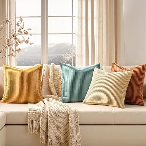 EMEMA Teal Orange Decorative Throw Pillow Covers for Couch Bed Livingroom 18x18 Inch Set of 4 Boho Farmhouse Corduroy Striped Square Pillow Case,Western Modern Cushion Covers Spring Home Decor thumbnail 3