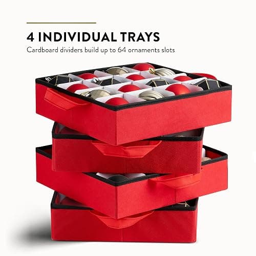 Zober Christmas Ornament Storage Box - Stores 64 Ornaments - Non-Woven, Tear- Proof Christmas Ornament Storage Containers - 3 Inch Cube Compartments - Red thumbnail 4