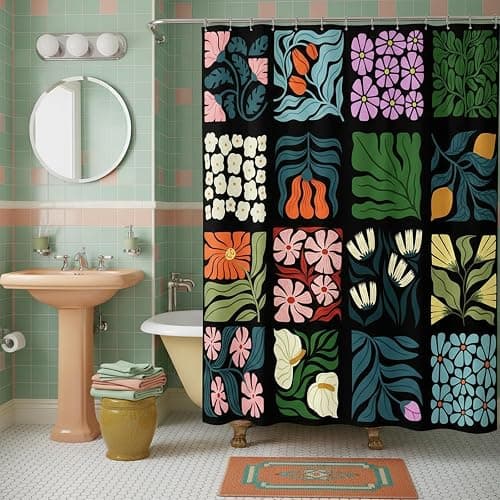 JAWO Retro Shower Curtain Vintage Abstract Cute Boho Floral Shower Curtains for Bathroom Decor Black Blue Botanical Geometric Groovy Aesthetic Pattern Shower Curtain Sets with Hooks, 70X70IN thumbnail 5