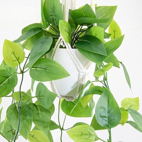 LOYWREE 1 Pack Artificial Hanging Plant Kit with Pot and Hanger - 39" Long Fake Pothos Vines - Hanging Potted Faux Plant Indoor for Wall Ceiling Bedroom Bathroom Living Room Home Decor (White Pot) thumbnail 9