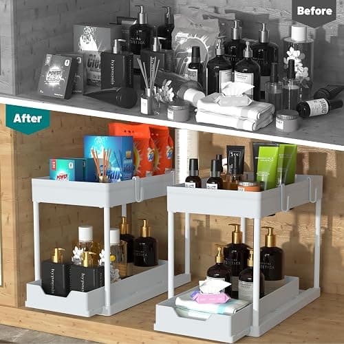 DEKAVA Cabinet, 2 Pack Under Sink Organizer, 2 Tier Sliding Bathroom Kitchen Organizer, Large White ABS Baskets, Easy Install & Clean thumbnail 4