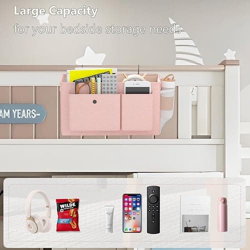 Bedside Caddy Bedside Organizer with Fixed Straps & Water Bottle Holder, Bunk Bed Caddy ideal for Home, Dorm, Hospital, Crib, Versatile Bedside Storage Solution (Pink) thumbnail 6