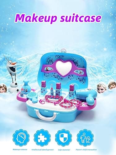 Disne Frozen Girls Makeup Role-Playing Set: 3-in-1 Beauty Luggage with Fashion Accessories, Made of Safe ABS Material, Princess Role-Playing Toy for Girls, Birthday Gifts (Blue) thumbnail 8