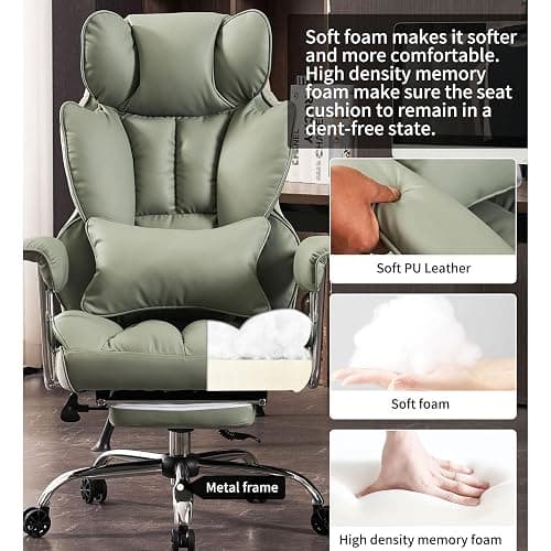 Efomao Big and Tall Office Chair 400lbs - Executive Office Chairs with Footrest, Heavy-Duty PU Leather Computer Chair for Heavy People, Light Green Home Office Desk Chairs thumbnail 5