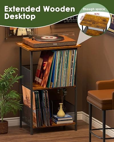 Honkazita Record Player Stand 3-Tier, Vinyl Record Storage up to 200 Albums, Record Player Table Vinyl Holder, Space-Saving Turntable Stand End Table for Bedroom & Living Room thumbnail 5