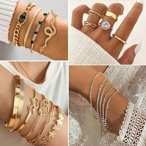 17IF 38-59 Pcs(9-8 Pack) Gold Plated Jewelry Set for Women With 8 Necklace 12 Bracelet 27 Ring 12 Pair Earring Hoop Simple Sparkle for Happy thumbnail 5
