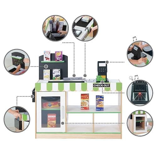 Teamson Kids Cashier Austin Interactive Wooden Play Market Stand with Lights and Sounds, Manual Conveyor Belt, Register and Display Spaces, Green and White Décor on Natural Wood | Manual Conveyor Belt, Scanner, Display Shelves, Green and Natural, Educational Toys for Toddlers Ages +3 thumbnail 5