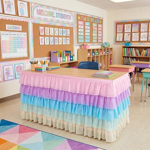 Tioncy 6 Ft X 30 in Pastel Ruffled Teacher Desk Skirt | Tulle Table Skirt, Rectangle, for Back to School First Day of School Classroom Office and Boho Birthday Party Decoration thumbnail 4