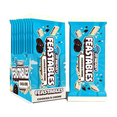MrBeast Feastables Cookies & Creme Chocolate Bar, King Size, 10 Count, White Chocolate with Cookie Pieces, Fairtrade Cocoa, 2.1oz Each - Image 1