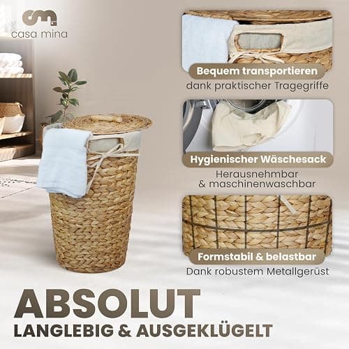 Casa Mina® Wäschekorb mit Deckel | Atmungsaktiver Wäschekorb geflochten aus 100% Naturfaser I Robuster Wäschesammler mit Griffen & waschbarem Innensack I Wäschekörbe (Natur, 30 x 44cm) thumbnail 4