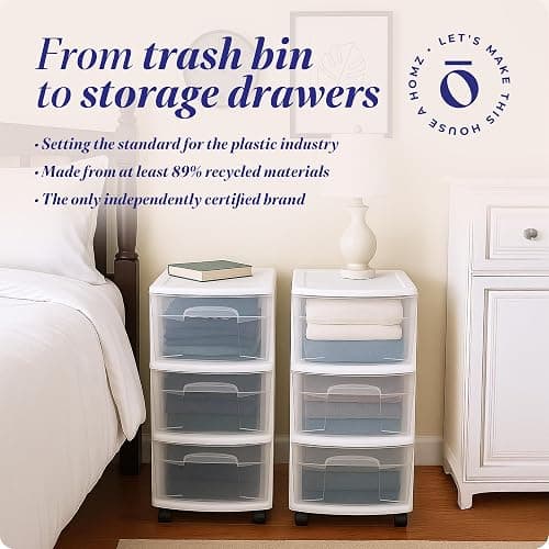 HOMZ Drawer Tower, 3-Tier Clear Plastic Storage Organizer Cart, White Frame - Heavy-Duty Organizing Drawers for Home, Bedroom, and Closet Organization thumbnail 6