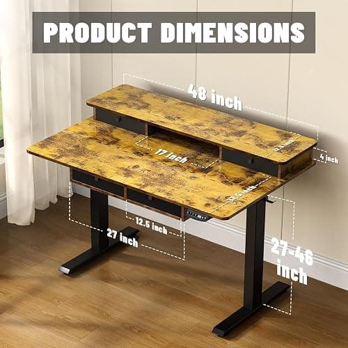 ExaDesk 48 * 30 Inches Electric Standing Widened Desk Adjustable Height with 4 Drawers, Double Storage Shelves Stand Up Desk, Home Office Workstation Sit Stand up Desk (Rustic Brown) - Rustic Brown - 48*30 inch thumbnail 3