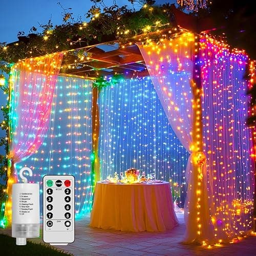 Ryblgled Battery Operated Fairy Curtain Lights - Multicolor 10ft x 10ft 300 LED Battery Power Curtain String Lights with Remote & Timer for Backdrop Outside Gazebo Christmas Indoor Bedroom Decor - Image 1