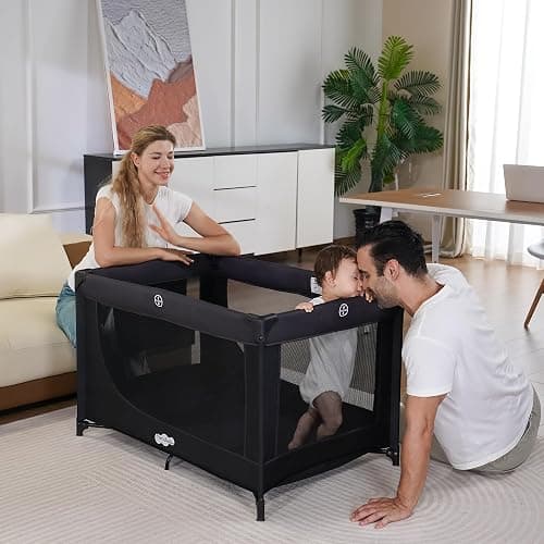 Pamo Babe Compact Pack and Play - Portable Crib for Baby, Lightweight Foldable Travel Playard with Mattress Pad & Carry Bag, Safe Breathable Travel Bed for Home, Trips & Family Visits, Black thumbnail 5