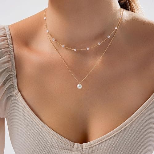 Partm Pearl Necklace for Women Trendy 14K Gold Plated Dainty Pearl Pendant Choker Set Handmade Pearl Gold Necklace Non Tarnish Simple Cute Jewelry Gifts for Women thumbnail 7