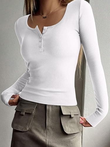 REORIA Women's 2025 Fall Long Sleeve Henley T Shirts Button Ribbed Knit Slim Fit Casual Basic Tops Blouse thumbnail 3