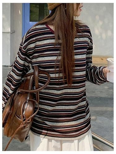RoseSeek Women's Trendy Striped Long Sleeve T Shirts Casual Color Block Crew Neck Drop Shoulder Streetwear 2025 Fall Tops thumbnail 4