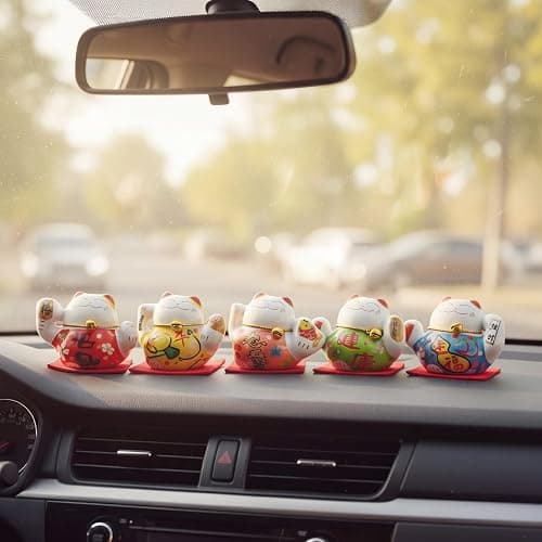 HANTHES Lucky Cat Figurines Set of 5 Mini Maneki Neko Small Cat Figurines 2 Inch Ceramic Beckoning Cat Statues Japanese Fortune Cat Decor for Home Desk Shelf Collection Gift with PVC Box thumbnail 4