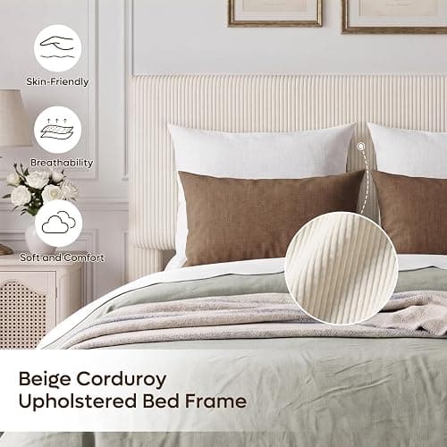 Bestier Queen Bed Frame with Headboard LED Lighting,Upholstered,Beige | Easy Assembly,LED Lighting Headboard,No Squeaks,Vertical Channel Corduroy Upholstered,Wood Slats Support,No Box Spring Needed thumbnail 4