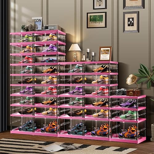 CIMLORD 9-Tier Foldable Shoe Rack for Closet Entryway 18-36Pairs, Stackable Clear Shoe Storage Boxes Organizer With Door Plastic Shoe Cabinet Bins with Lids Shoes Shelf Easy Assembly Large（Black-pink） thumbnail 5