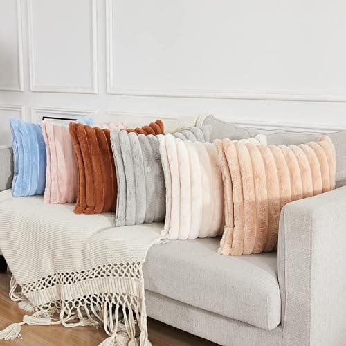 Joyouth Pack of 2,Double-Sided Faux Fur Plush Decorative Throw Pillow Covers Fuzzy Striped Soft Pillowcase Cushion Covers for Sofa Couch Bedroom White 16x16 inch thumbnail 4