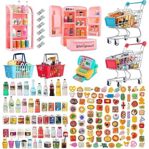 164Pcs Mini Shopping Cart Basket Miniature Food Drink Toy Supermarket Metal Handcart Trolley DollHouse Store Grocery Accessories Kitchen Play Game Party Model Shelves Cash Register Refrigerator Fridge - Image 1