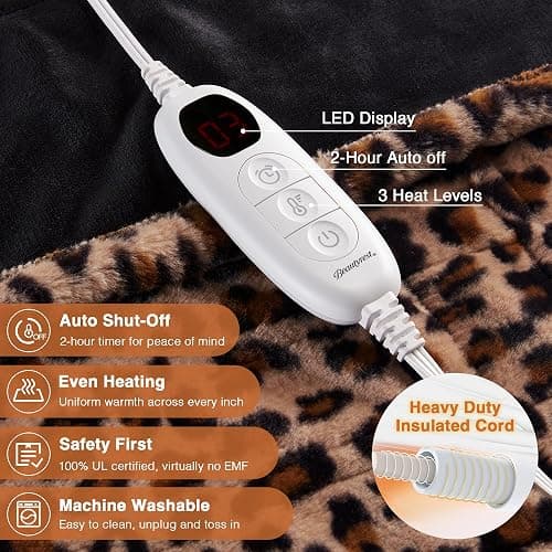 Beautyrest Long Brushed Faux Fur Ogee Textured Design Electric Blanket, Auto Shut Off, Virtually Zero EMF, Multi Heat Setting, UL Certified, Machine Washable, Leopard Throw 50x60 thumbnail 2