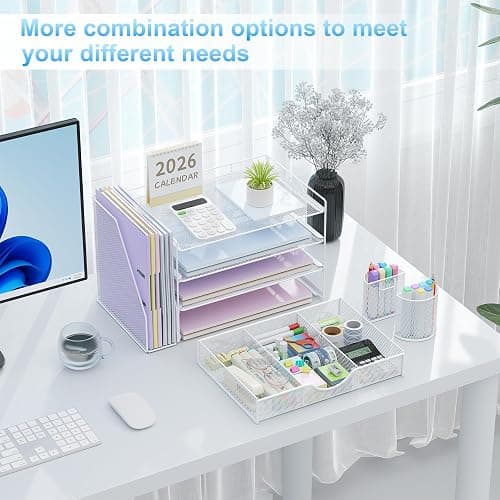 gianotter Desk Organizers and Accessories with File Holder, 4-Tier Desk Accessories & Workspace Organizers with Drawer and 2 Pen Holder, Paper Organizer for Office Supplies (White) thumbnail 5
