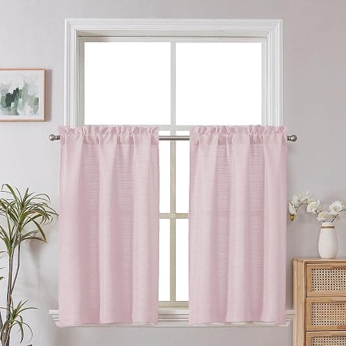 Chyhomenyc Bennet 2-Panel Blush Pink Kitchen Curtains, 36 Inch Length Tier, Faux Linen Textured Small Cafe, Light Filtering Short Window for Bathroom Basement, 30x36 Inch - Image 1