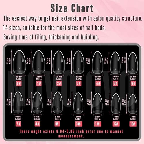 NOVO OVO Medium Almond Nail Tips Extra Thick Press on No C Curve, Soft Gel Natural Fake Nail Extension, Full Cover Clear False Nails for Acrylic, French Manicure Salon DIY x 14 Sizes 224 pcs thumbnail 7