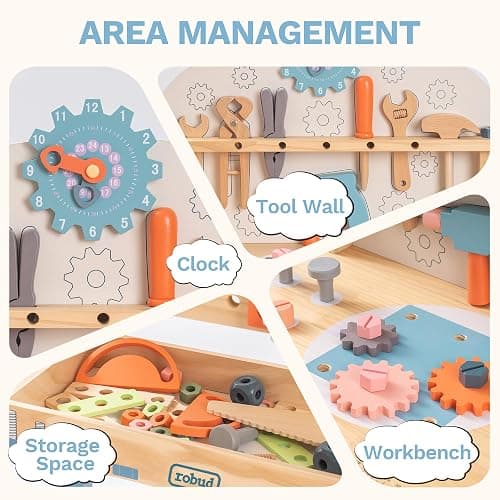 ROBUD Large Wooden Play Tool Workbench Set for Kids Toddlers, Construction Workshop Tool Bench Toys Gift, Multicolor thumbnail 7