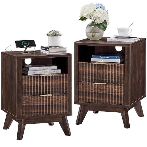 T4TREAM Fluted Nightstand Set of 2 with Charging Station, 18" Modern Side Table, 2 Drawers End Table with Storage, Bedside for Bedroom, Living Room, Curved Profile Design, Dark Walnut - Image 1