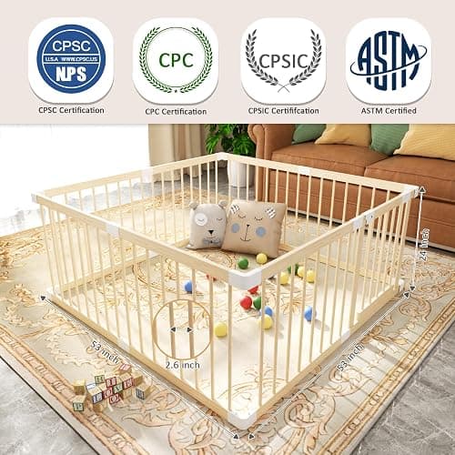Baby Playpen,Wooden and Toddler Playpen,Play Pen for Babies and Toddlers Kids Indoor,Wooden Babies with Locking Baby Gate,Easy to Assemble,Play Pen Area Indoor, Non-Collapsible(53x53x24 Inch) thumbnail 2
