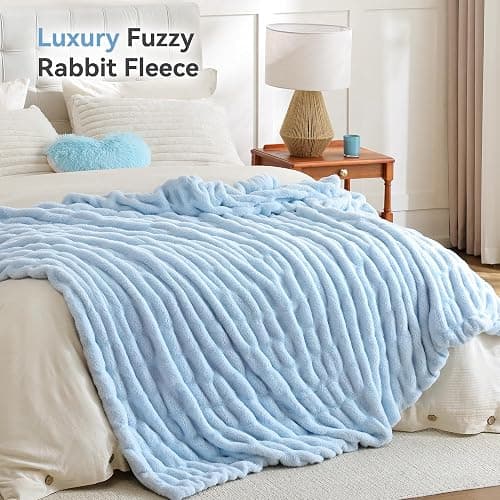 Smoofy Light Blue Throw Blanket for Couch – Ultra Soft Cozy Plush Fluffy Blanket with Faux Rabbit Fur, Fuzzy Lightweight Fleece for Sofa, Bed & Office, Gift for Women, Home Room Decor Throw 50"x 60" thumbnail 2