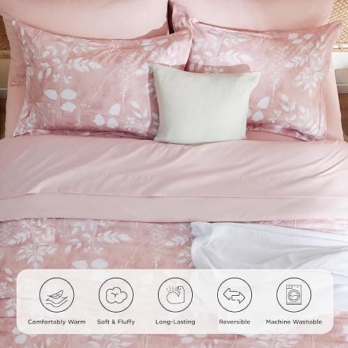 Bedsure Queen Comforter Set - 7 Pieces Floral Pink Soft Bedding Sets, Queen Bed in a Bag with Botanical Flowers Comforter, Sheets, Pillowcases & Shams - 09 - Pink - Floral - Queen thumbnail 3
