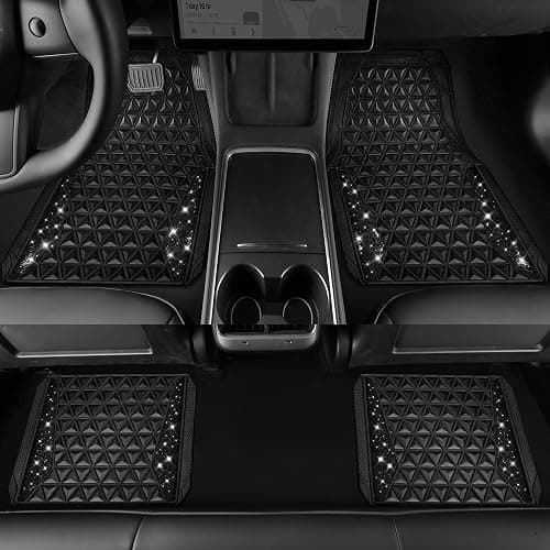 CAR PASS Bling Diamond Car Mats Rubber Floor Mats Full Set Anti-Slip 3D Rhombus Waterproof Trim to Fit Liner Universal Glitter Crystal Sparkly Shining Rhinestone Girl Women SUV Sedan, Black Diamond thumbnail 3