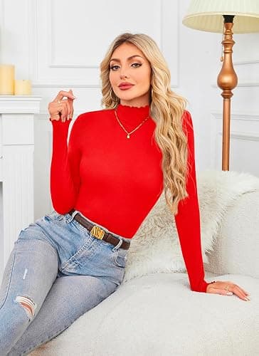 Herou 2 Pack Women Lettuce Trim Ribbed Knit Long Sleeve Top Mock Neck Basic Layer Tops Turtleneck Thermal Underwear Tops thumbnail 3
