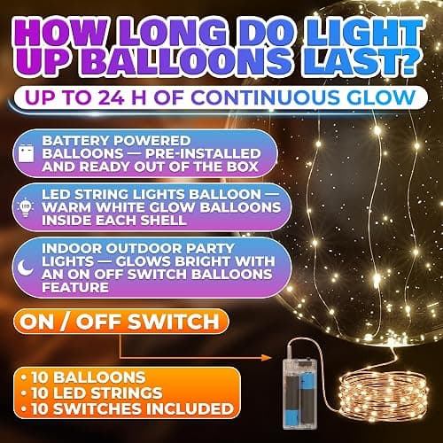 Light Up Balloons 10 Pack, 18 Inch Clear Balloons with LED Lights | Reusable Glow Decor with a String Light and Switch Inside Every Piece - Bright Accents for Weddings, Birthdays, Party Nights thumbnail 11